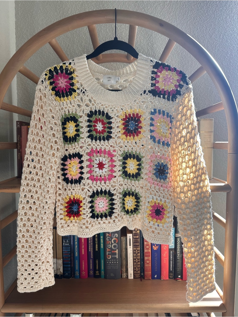 Cream Crochet Patchwork Sweater with Multicolor Accents